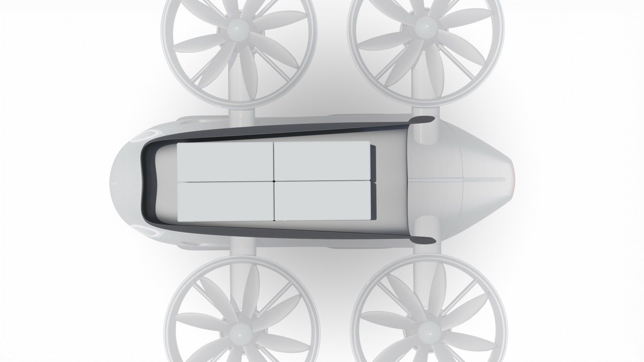 Top-down view of an AVIASPACE logistics drone concept with modular cargo bay