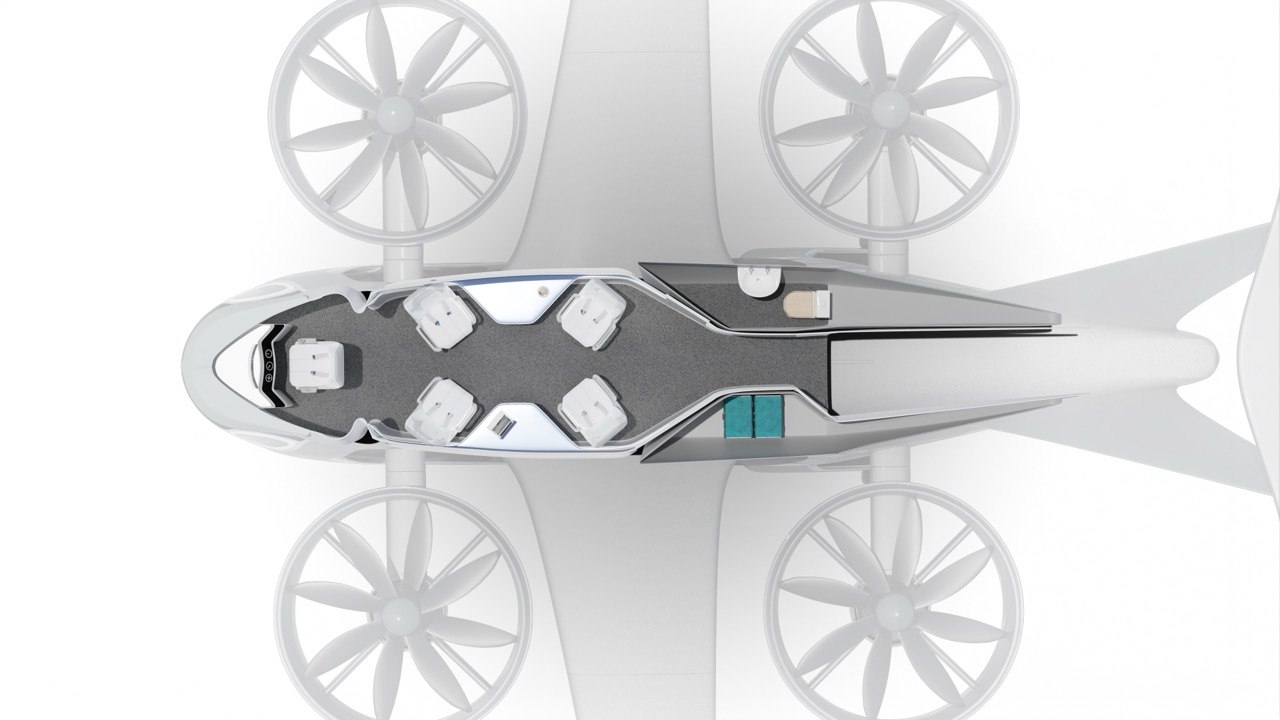Top-down view of an AVIASPACE eVTOL cabin concept with passenger seating